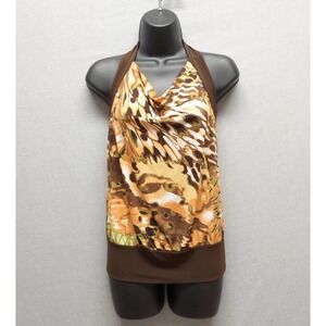 Vintage Y2K Halter‎ Top Women M Animal Print Cowl Tie Neck Blouson Stretch Brown